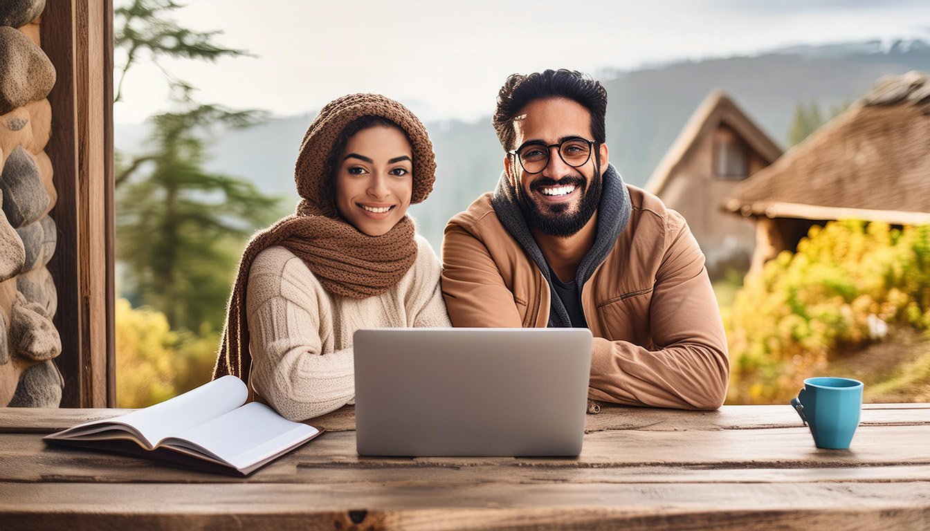 un couple souriant travaille a domicile a la campagne 60316-Edit