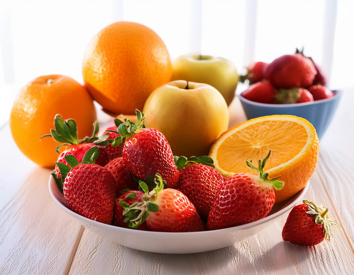 fraises, pommes, oranges au petit déjeuner