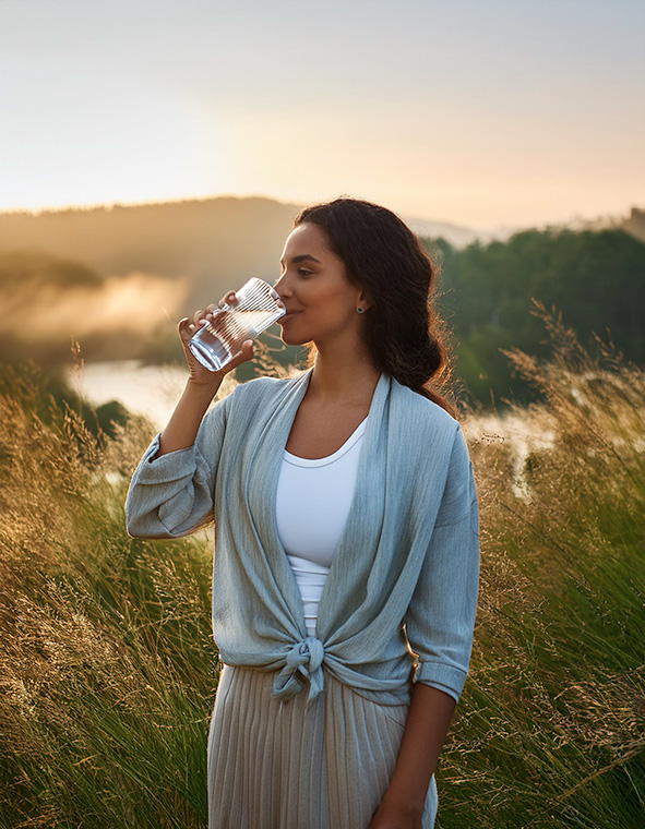 une femme Boit lentement un grand verre d'eau le matin au lever dans la nature